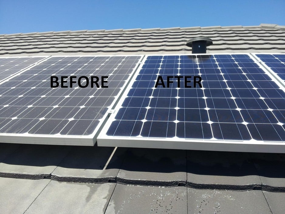 before & after picture of professional solar panel cleaning on a residential rooftop