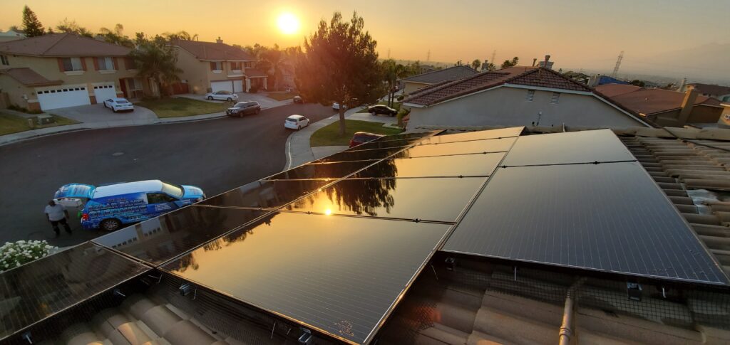 clean residential solar panels overlooking a sunset in La Verne